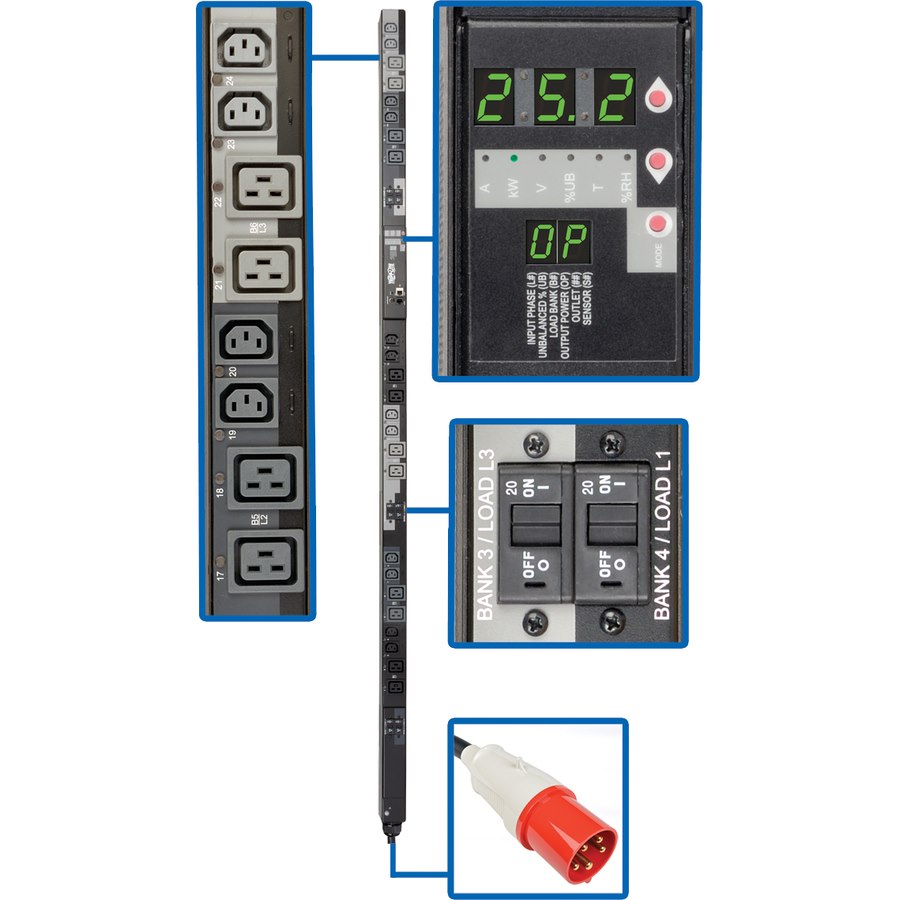 Tripp Lite by Eaton 25.2kW 3-Phase Switched PDU, 240V Outlets (12 C13 & 12 C19), IEC309 60A Red, 415V Input, 6ft Cord, 0U Vertical