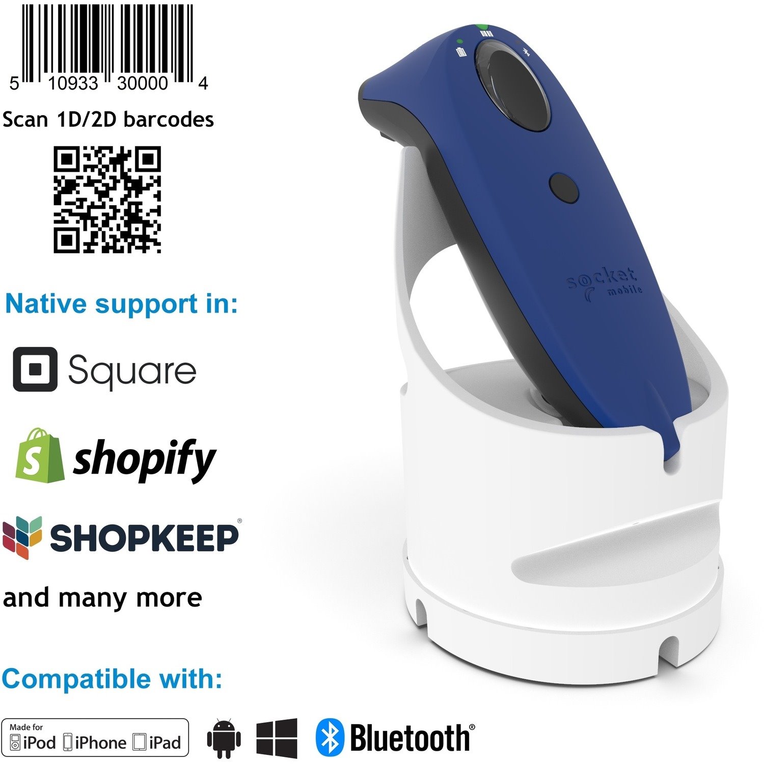 Socket Mobile SocketScan S740 Handheld Barcode Scanner - Wireless Connectivity - Blue, White