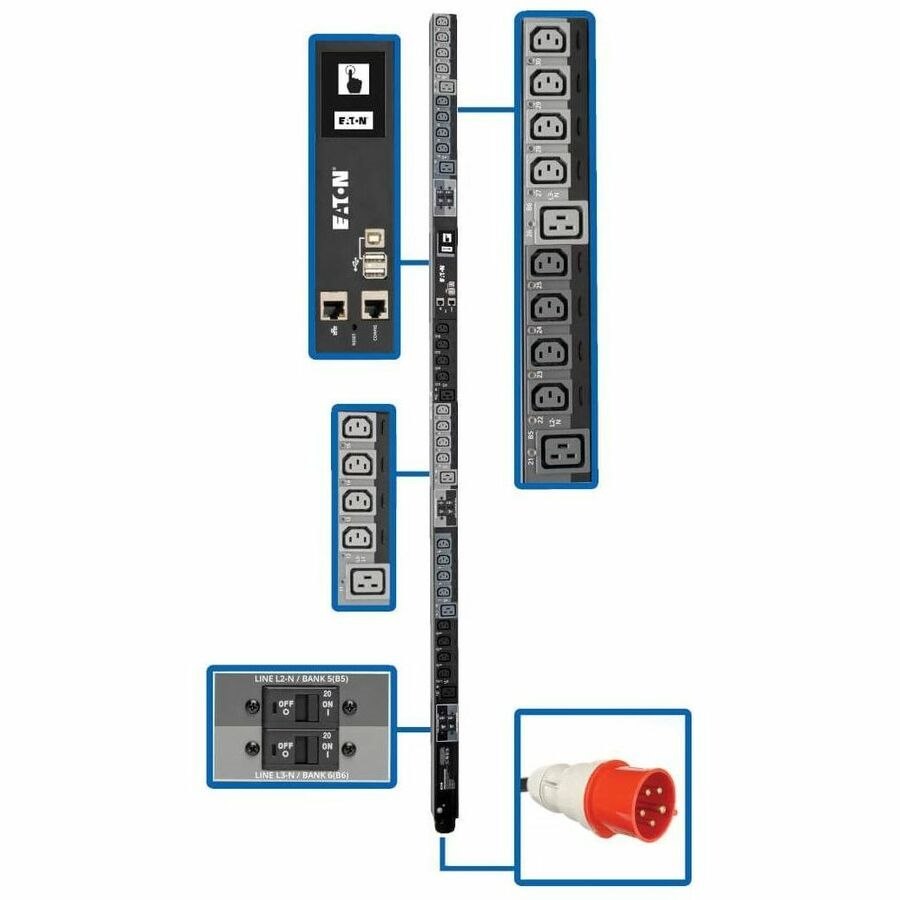 Eaton 23kW 220-240V 3PH Switched PDU - LX Interface, Gigabit, 30 Outlets, IEC 309 32A Red 380-415V Input, LCD, 1.8 m Cord, 0U 1.8 m Height, TAA