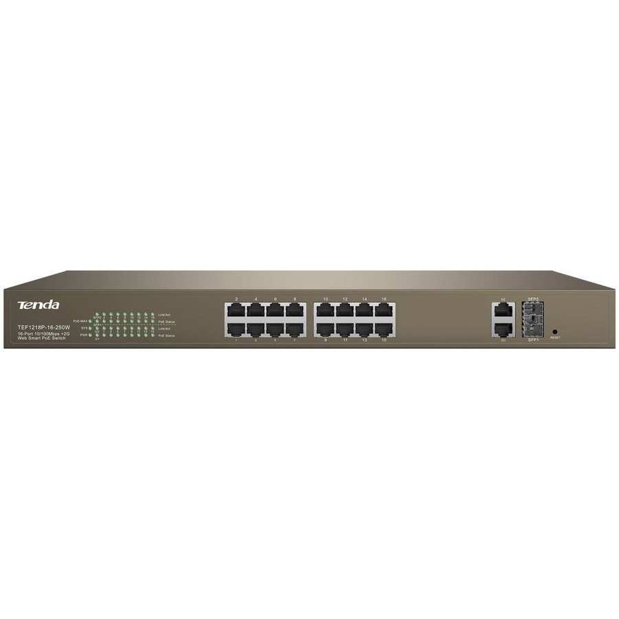 Tenda TEF1218P 16-Port 10/100 Mbps+2 Gigabit Web Smart POE Switch w/ 230W Output