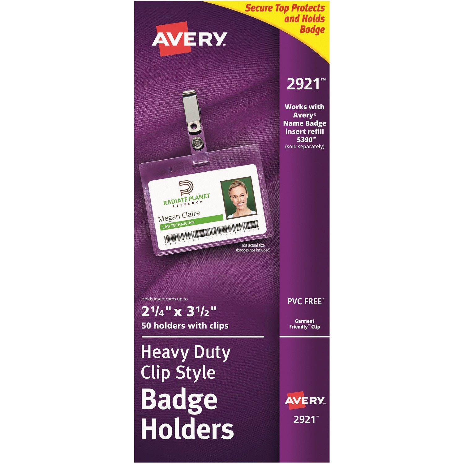 Avery(R) Heavy Duty Badge Holders, 2.25" x 3.5" , 50 Horizontal Name Badge Holders with Clips (2921)