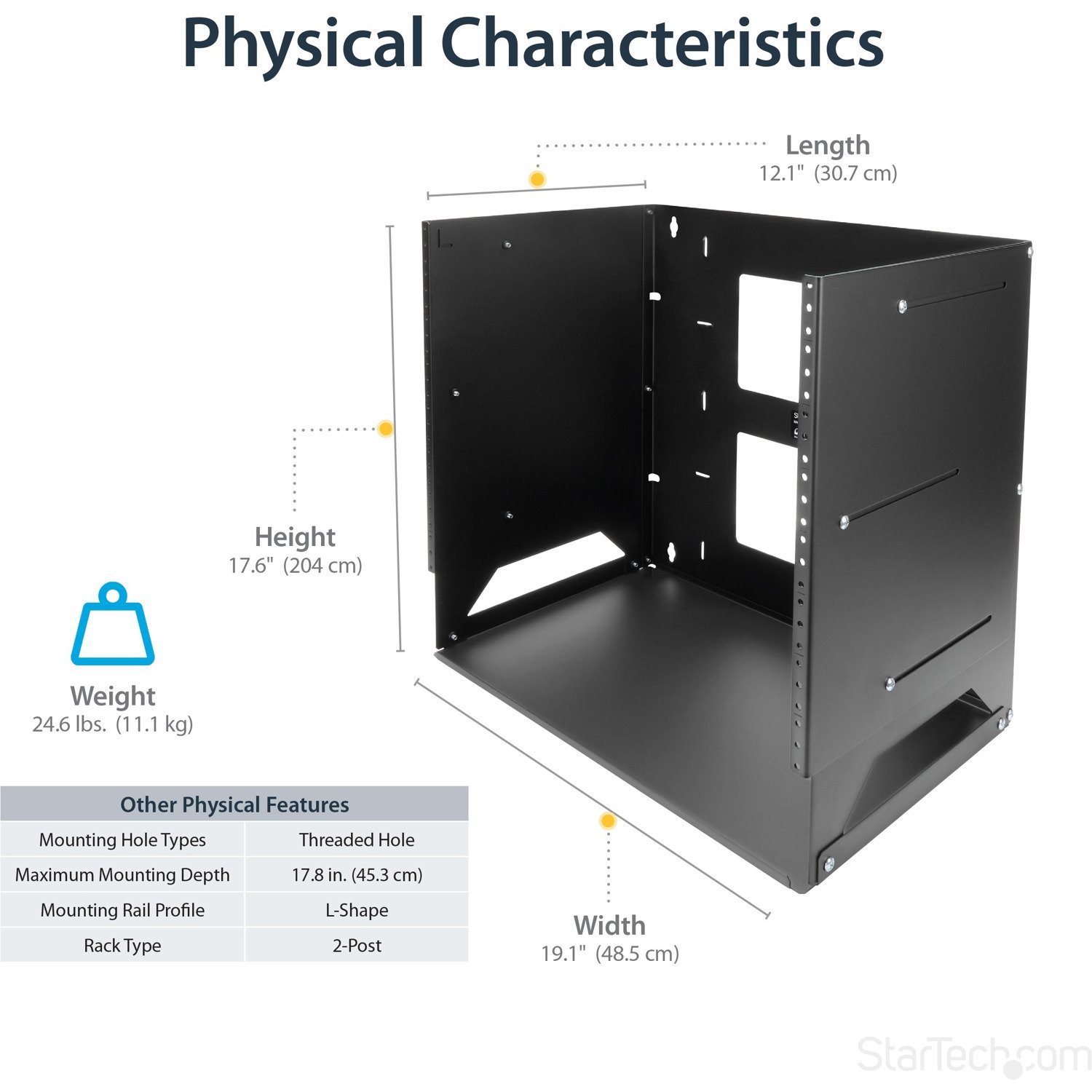 StarTech.com 2-Post 8U Open Frame Wall Mount Network Rack with Built-in Shelf and Adjustable Depth, Computer Rack for IT Equipment, TAA~