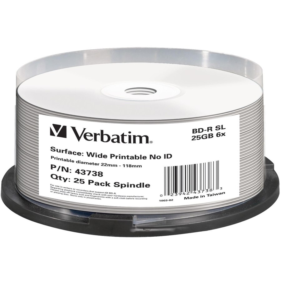 Verbatim 43738 Blu-ray Recordable Media - BD-R - 6x - 25 GB - 25 - White