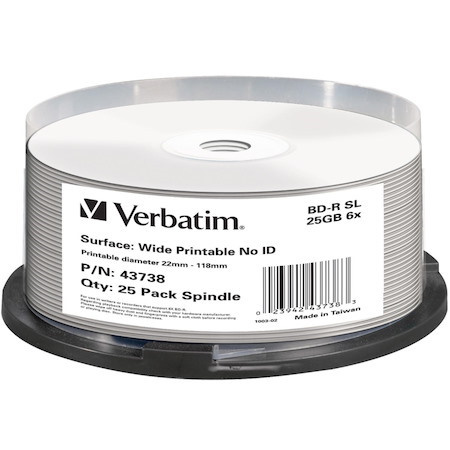 Verbatim 43738 Blu-ray Recordable Media - BD-R - 6x - 25 GB - 25 - White