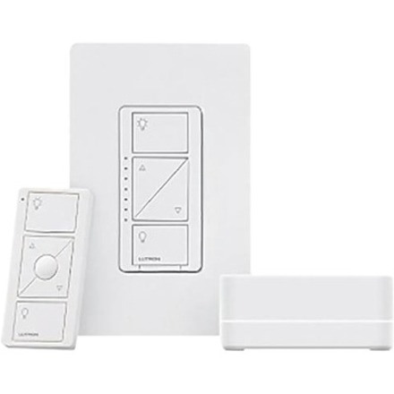 Lutron P-BDGPRO-PKG1W-C 4-Pack Caseta Smart Bridge PRO Starter Kit with In-Wall Dimmer, (1) L-BDGPRO2-WH, (1) PD-6WCL-WH, (1) PJ2-3BRL-WH-L01R (1) CW-1-WH/ Claro Wall-Plate