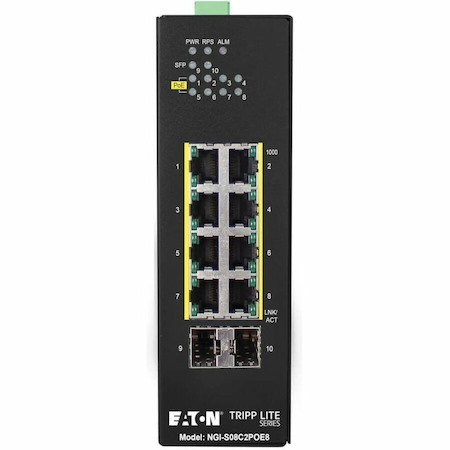 Eaton Tripp Lite Series 8-Port Lite Managed Industrial Gigabit Ethernet Switch - 10/100/1000 Mbps, PoE+ 30W, 2 GbE SFP Slots, -10° to 60°C, DIN Mount, TAA