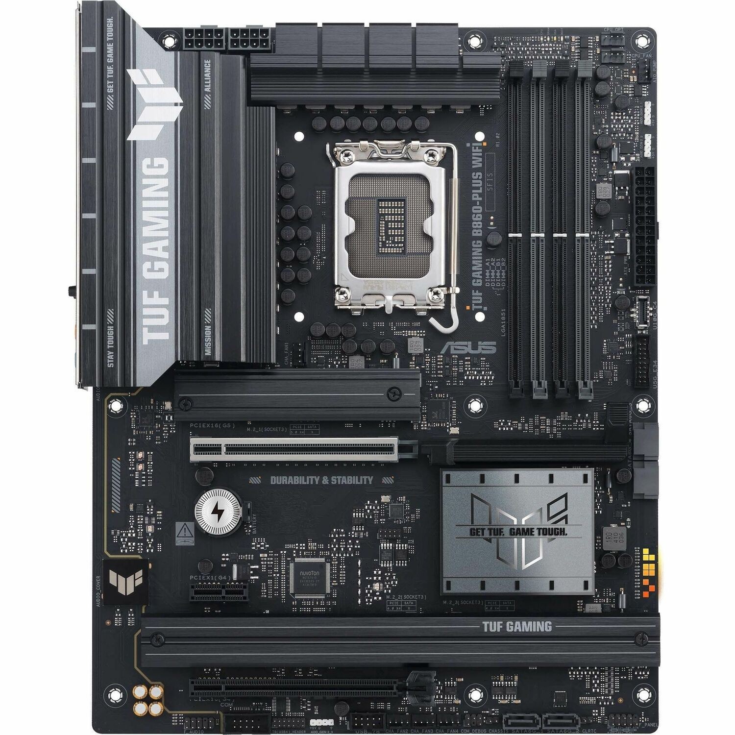ASUS TUF GAMING B860-PLUS WIFI LGA1851 ATX Motherboard 256GB, DDR5, 1 x PCIe 5.0, 3 x M.2 slots, 4 x SATA, WiFi 7, 1 x HDMI, 1 x DP