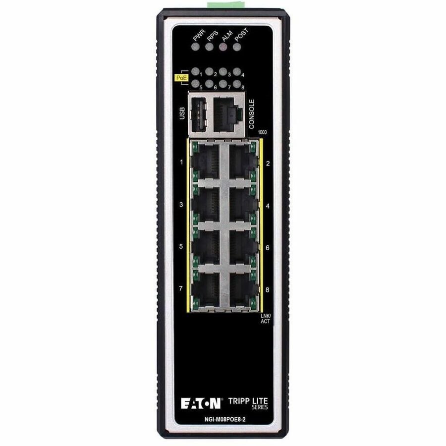 Eaton Tripp Lite Series 8-Port Managed Industrial Gigabit Ethernet Switch - Layer 2, 1 Gbps, PoE+ 30W, -40&deg; to 75&deg;C, DIN Mount, TAA