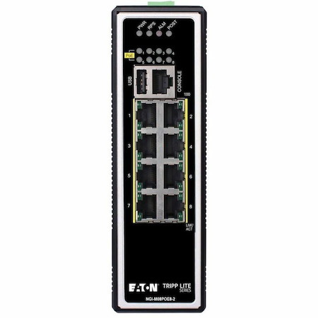 Eaton Tripp Lite Series 8-Port Managed Industrial Gigabit Ethernet Switch - Layer 2, 1 Gbps, PoE+ 30W, -40° to 75°C, DIN Mount, TAA