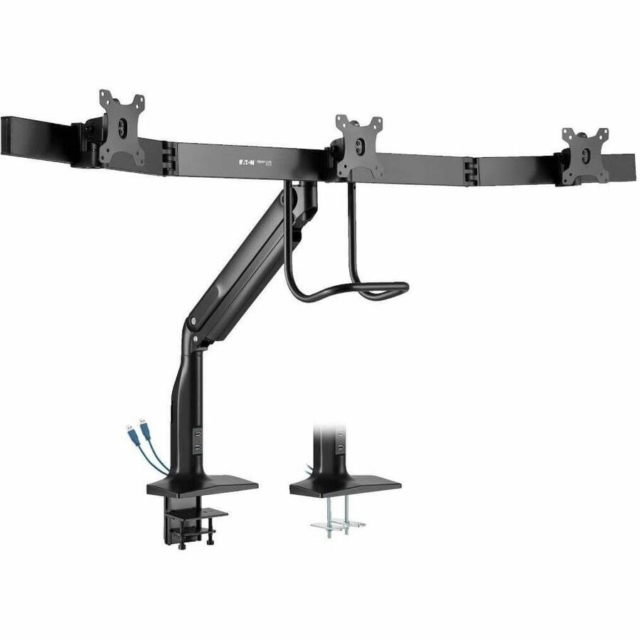 Eaton Tripp Lite Series Safe-IT Precision-Placement Triple-Display Desk Clamp/Grommet with premium gas spring arm and Antimicrobial Tape for 17" to 32" Displays