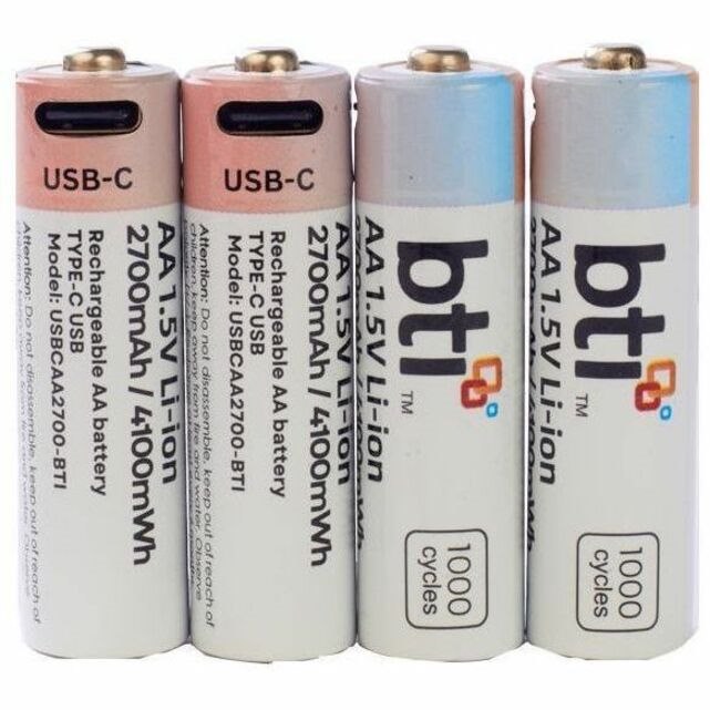 BTI USBCAA2700-BTI 1.5V LI-ION 2700MAH 4100mWH USB-C PORT RECHARGEABLE BATTERY (PACK OF 4) FOR GENERAL USE - SIZE AA