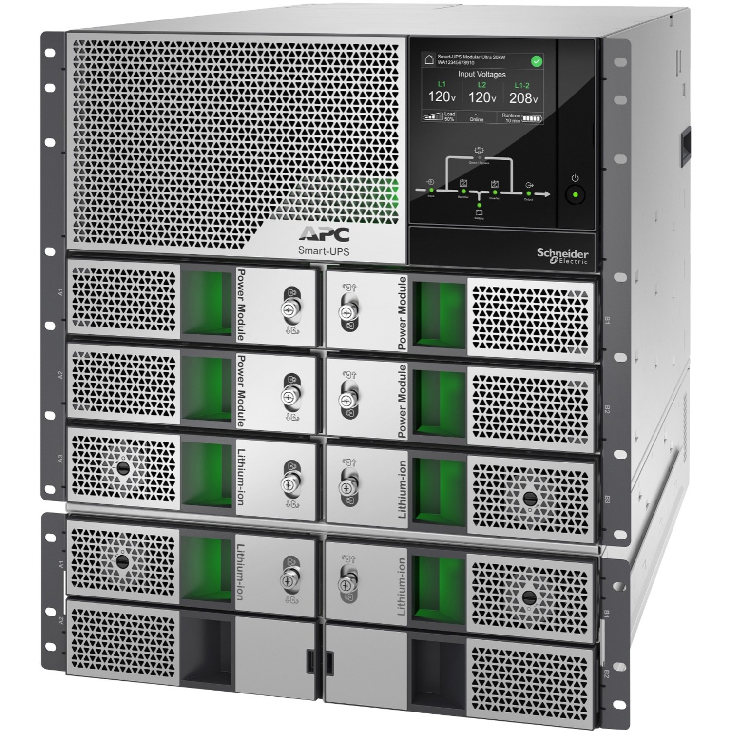 APC Smart-UPS Modular Ultra, On-Line, 20kW scalable to 20kW N+1, Lithium-ion, Rackmount 12U, 208/240V, Network Management, w/ External battery chassis