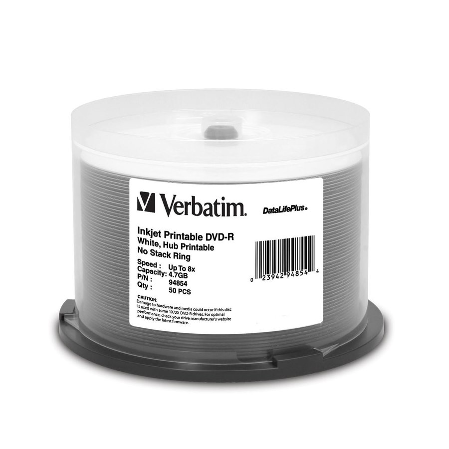 Verbatim DVD-R 4.7GB 8X DataLifePlus White Inkjet Printable, Hub Printable - 50pk Spindle