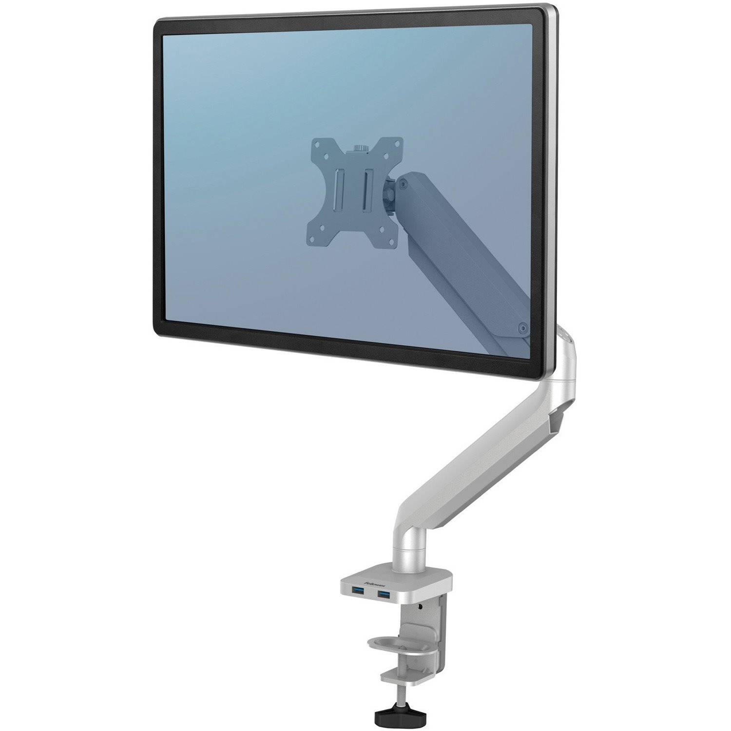 Fellowes Platinum Series High Quality Single Monitor Arm for 40-Inch Monitors, Full Motion, 360&deg; Rotation, VESA Mount with Grommet or Clamp, USB Ports, Ergonomic, Silver