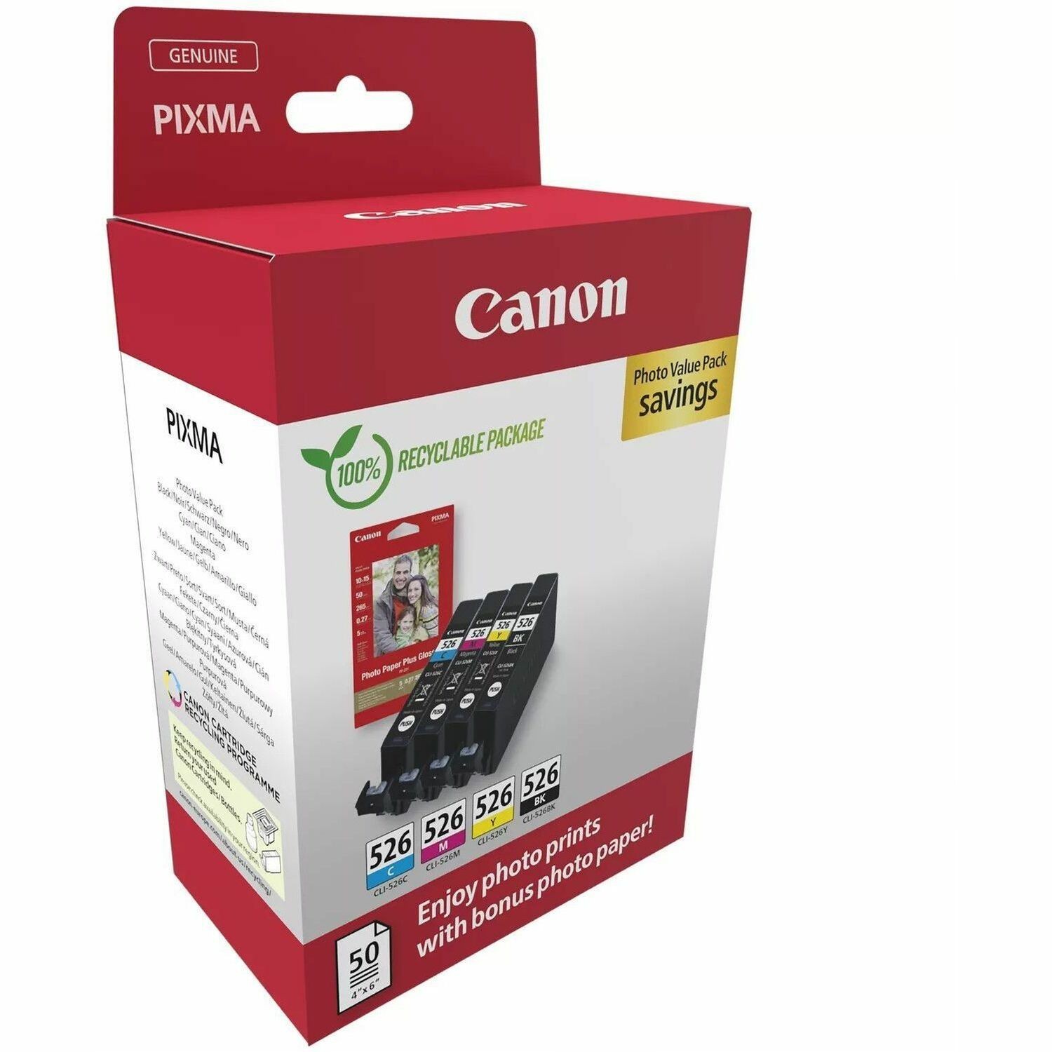 Canon CLI-526 Original Standard Yield Inkjet Ink Cartridge/Paper Kit - Multi-pack - Black, CMY Pack