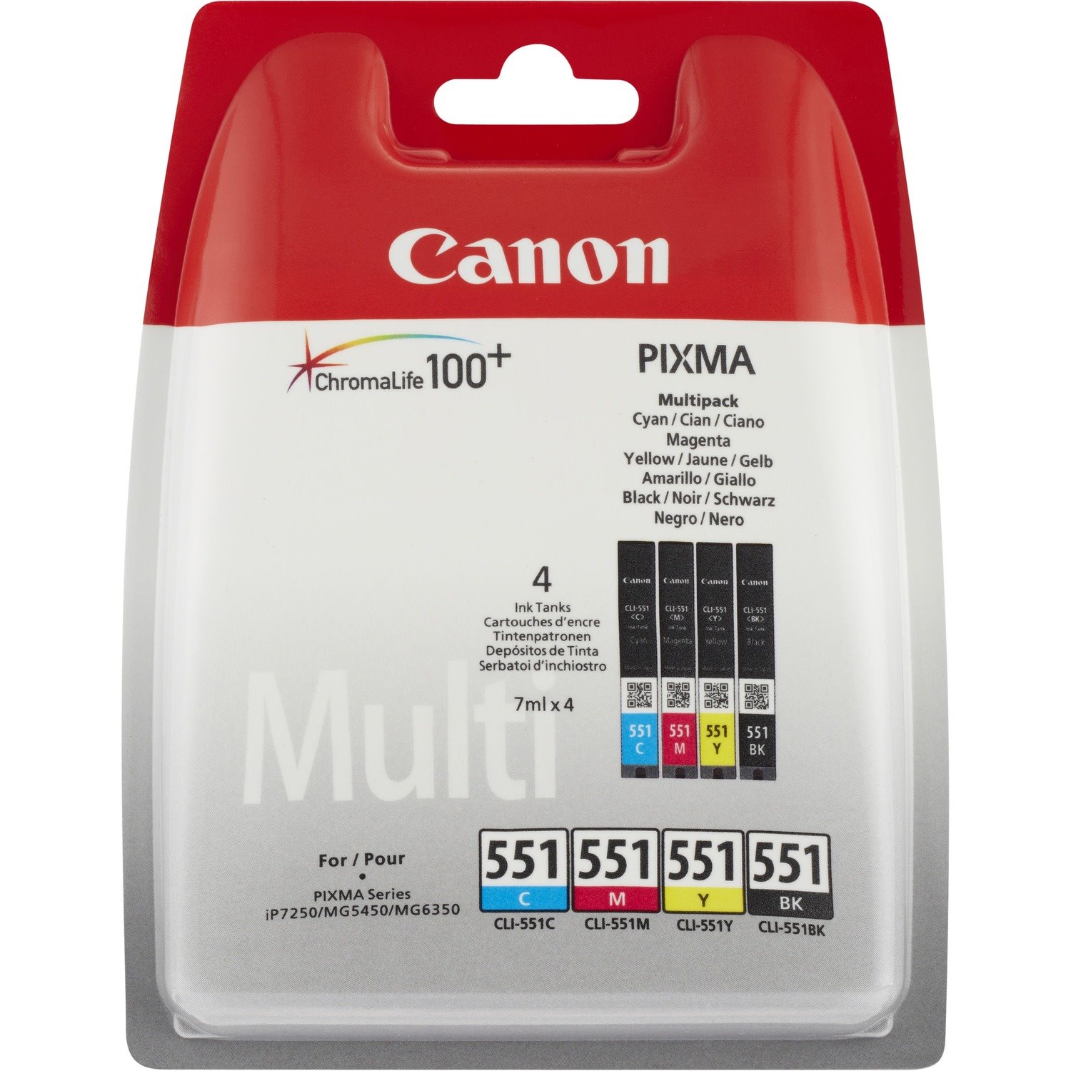Canon CLI-551 Original Standard Yield Inkjet Ink Cartridge - Black, Cyan, Yellow, Magenta - 4 / Blister Pack