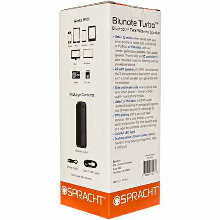 Spracht Blunote Turbo Portable Bluetooth Speaker System - 20 W RMS - Matte Black