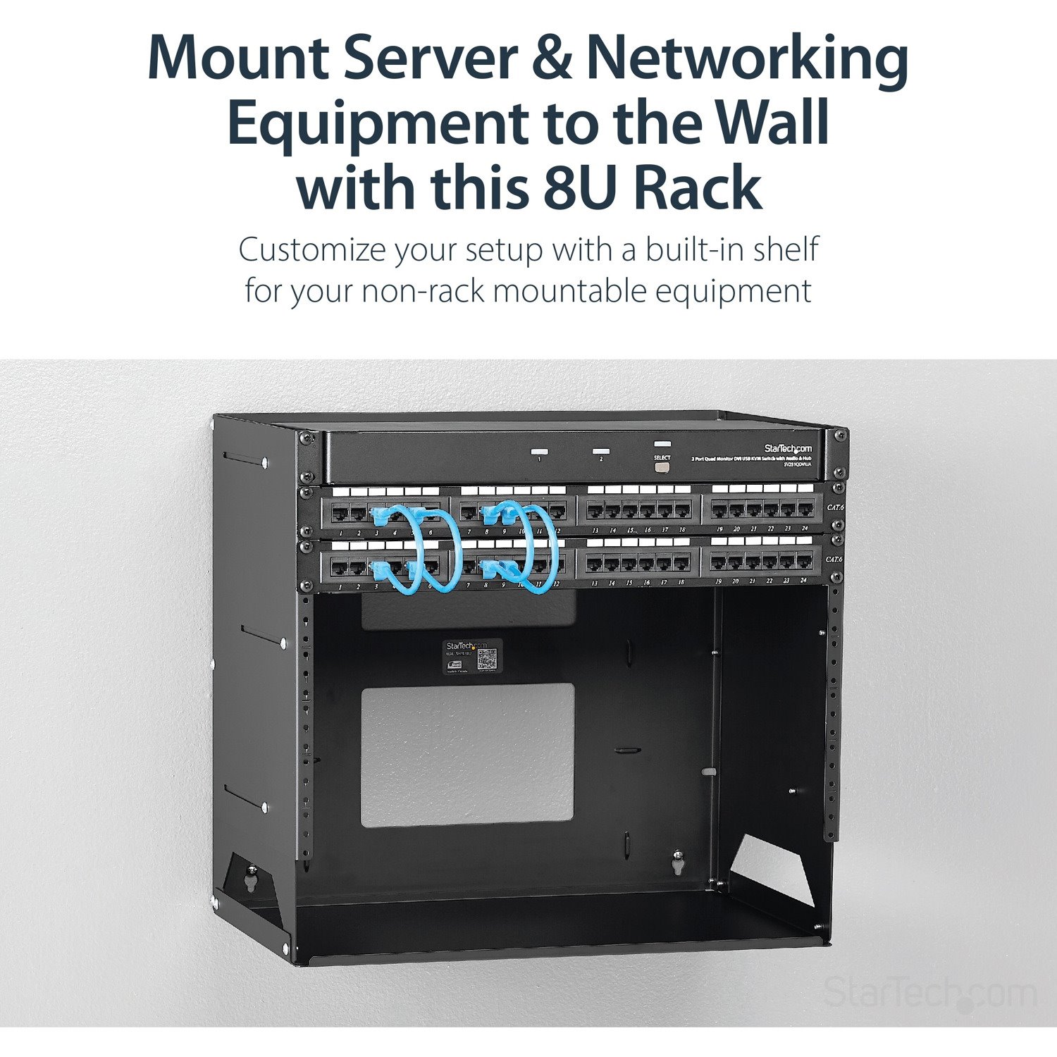 StarTech.com 2-Post 8U Open Frame Wall Mount Network Rack with Built-in Shelf and Adjustable Depth, Computer Rack for IT Equipment, TAA~