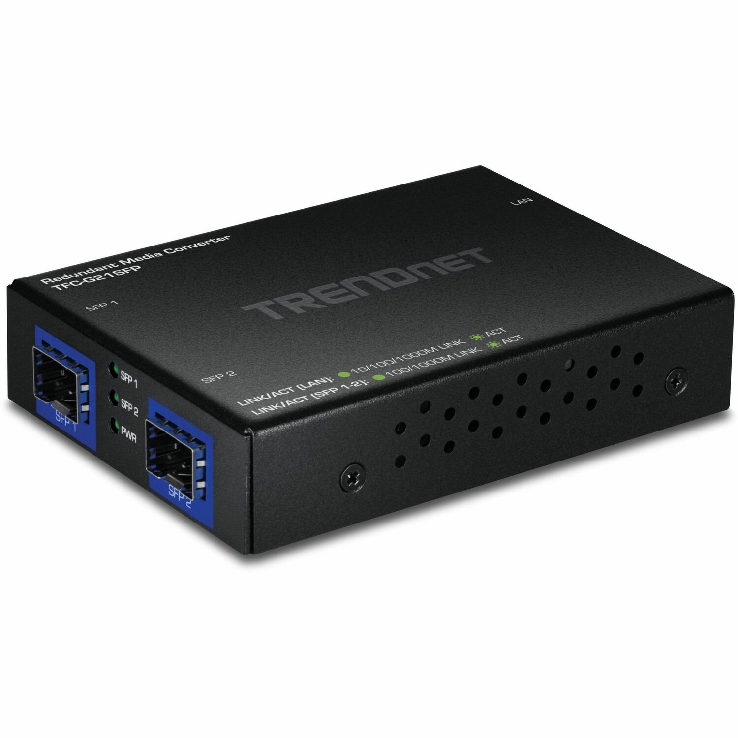 TRENDnet 1000BASE-T to Dual SFP Fiber Media Converter with Redundant Mode, TFC-G21SFP, 1 x Gigabit RJ45 Port, 2 x Gigabit SFP Ports, NDAA & TAA Compliant