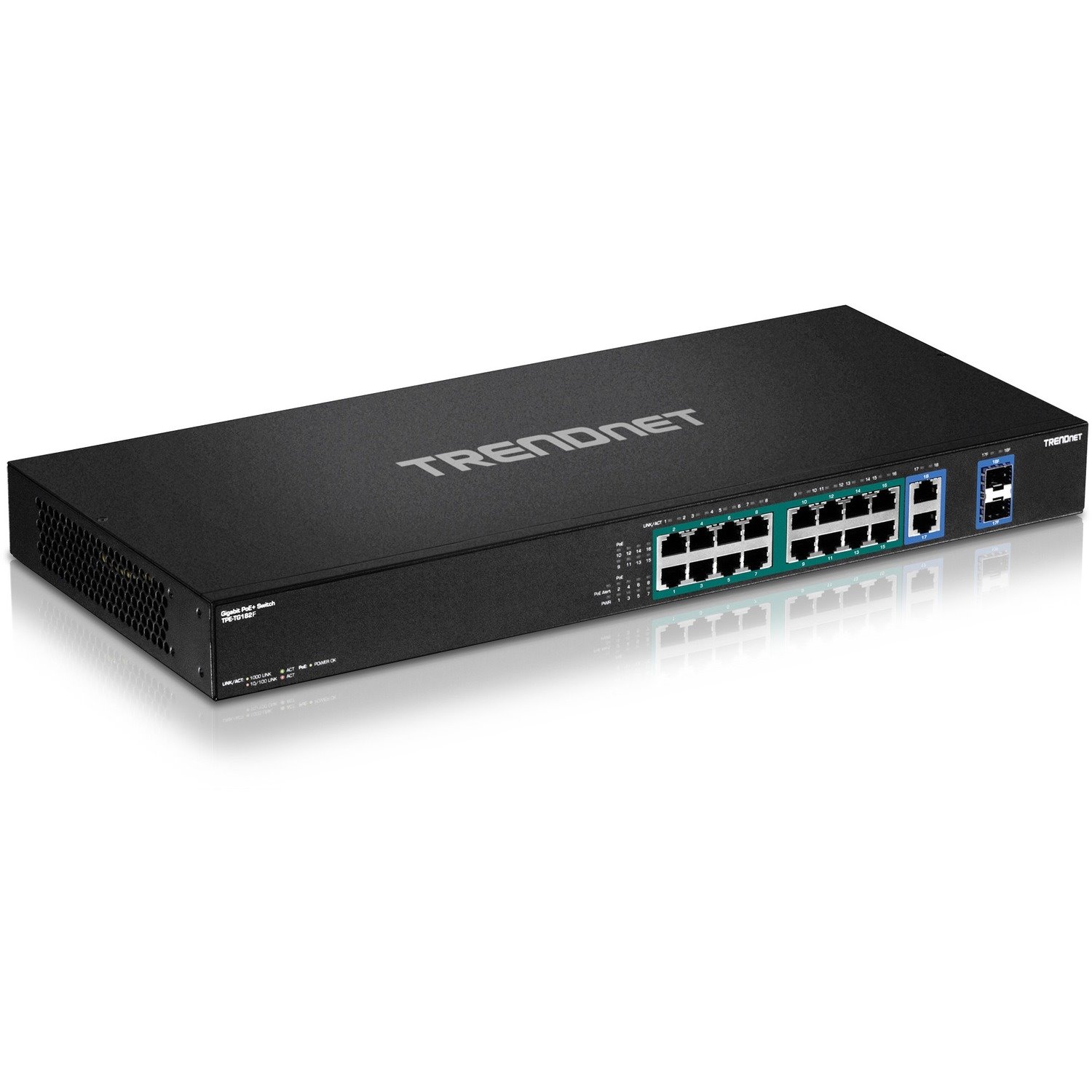 TRENDnet 18-Port Gigabit High Power Poe+ Switch; 16 X Gigabit Poe+ Ports; 2 X Shared Gigabit Ports; 36Gbps Switching Capacity; 440W PoE Power Budget; TPE-TG182F