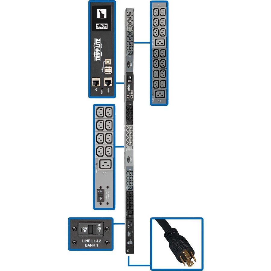 Tripp Lite by Eaton 10kW 200-240V 3PH Monitored PDU - LX Interface, Gigabit, 48 Outlets, L21-30P Input, LCD, 1.8 m Cord, 0U 1.8 m Height, TAA