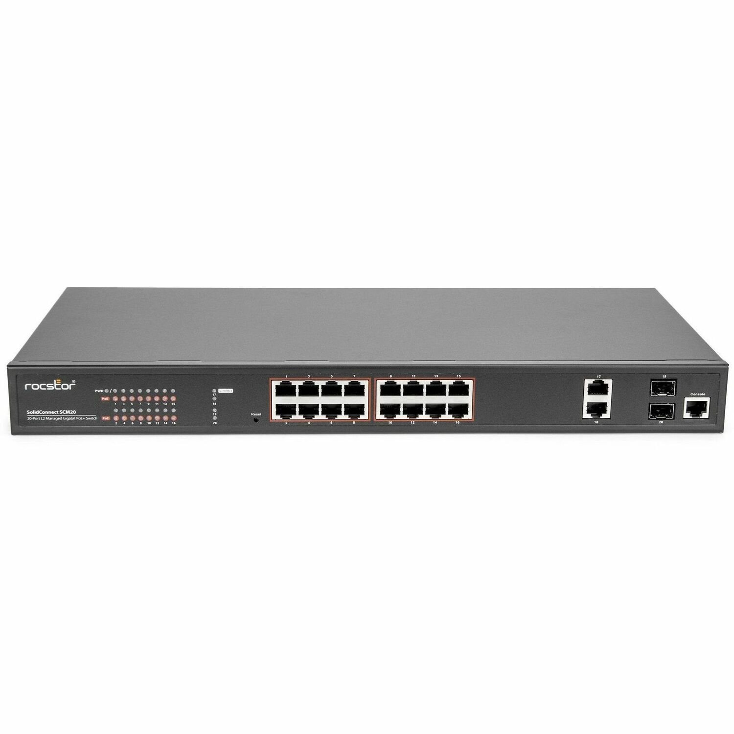 Rocstor SolidConnect SCM20 16-Port PoE+ Gigabit Managed Switch with 2 Gigabit RJ45 & 2 SFP Ports (Y10S010-B1)