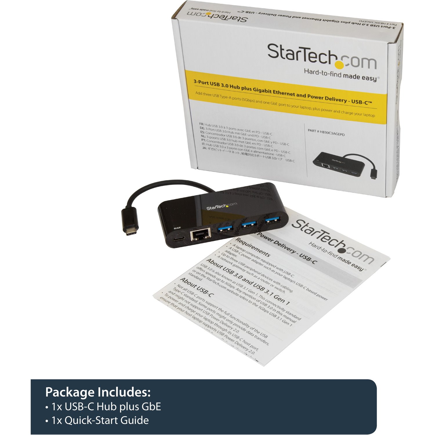 StarTech.com USB-C to Ethernet Adapter with 3-Port USB 3.0 Hub and Power Delivery - USB-C GbE Network Adapter + USB Hub w/ 3 USB-A Ports