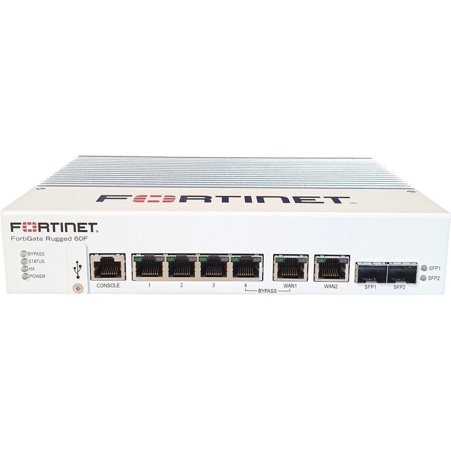 Fortinet FortiGateRugged-60F-3G4G Ruggedized, 4 X Ge RJ45 Switch Ports, 2 X Shared Media Pairs (Including 2 X Ge RJ45 Ports, 2 X SFP Slots). RJ45 By-Pass Between Wan And Lan. DB9 Serial. With Embedded