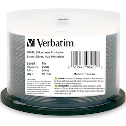 BD-R 25GB 16X Shiny Silver Silk Screen Printable, Hub Printable - 50pk Spindle