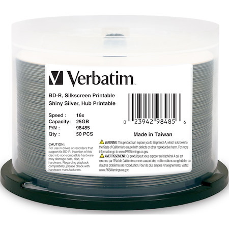 BD-R 25GB 16X Shiny Silver Silk Screen Printable, Hub Printable - 50pk Spindle