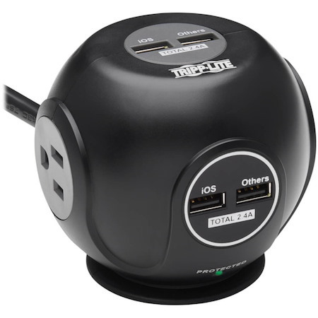 Eaton Tripp Lite Series 3-Outlet Spherical Surge Protector, 4 USB Ports (4.8A Shared) - 6 ft. (1.83 m) Cord, 5-15P Plug, 540 Joules, Black