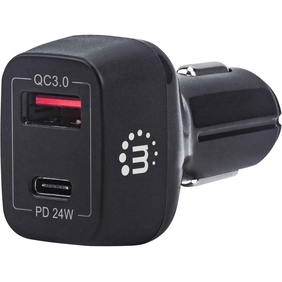 Manhattan Car/Auto Charger, USB-C & USB-A Outputs, USB-C Power Delivery up to 24W, USB-A Charging up to 18W (QC 3.0), Simultaneous Charging, Overload/Overcurrent/Overheat Protection, Black, Three Year Warranty, Blister