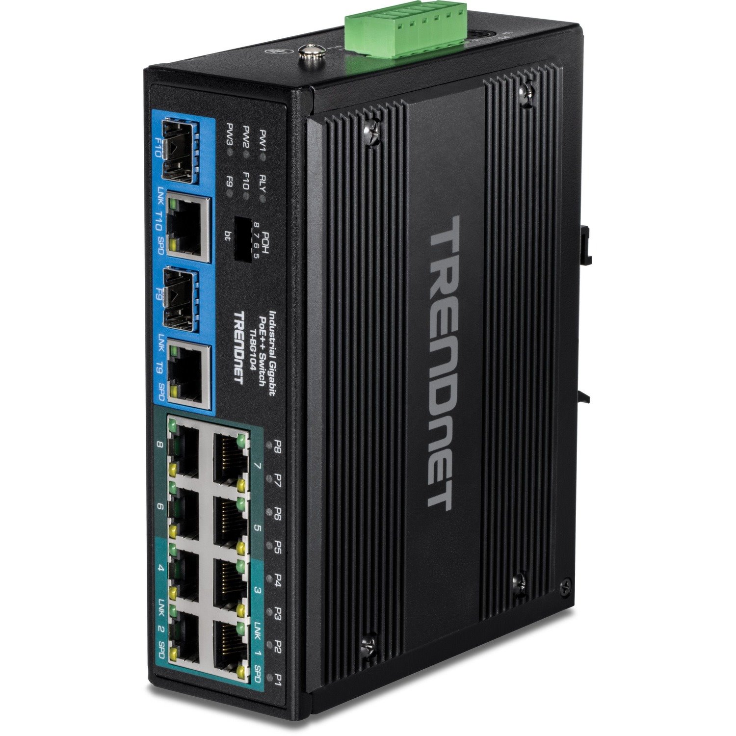 TRENDnet 10-Port Hardened Industrial Unmanaged Gigabit PoE ++ DIN-Rail Switch, 4 Gigabit PoE++ Ports, 4 Gigabit PoE+, 2 Gigabit Share Ports SFP or RJ-45, 360W Power Budget, Black, TI-BG104