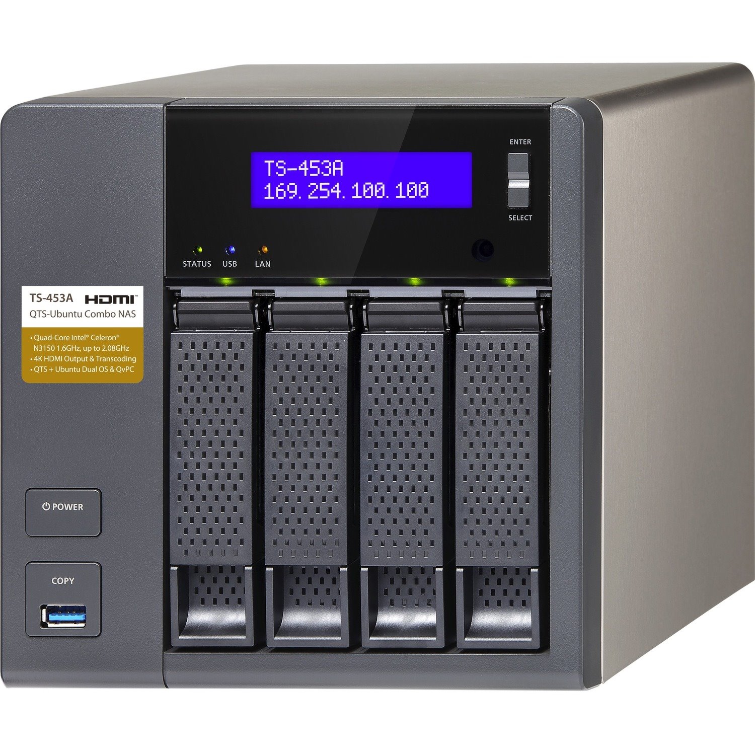 QNAP Turbo NAS TS-453A 4 x Total Bays NAS Storage System Celeron N3150 Quad-core (4 Core) 1.60 GHz - 4 GB RAM - DDR3L SDRAM Desktop