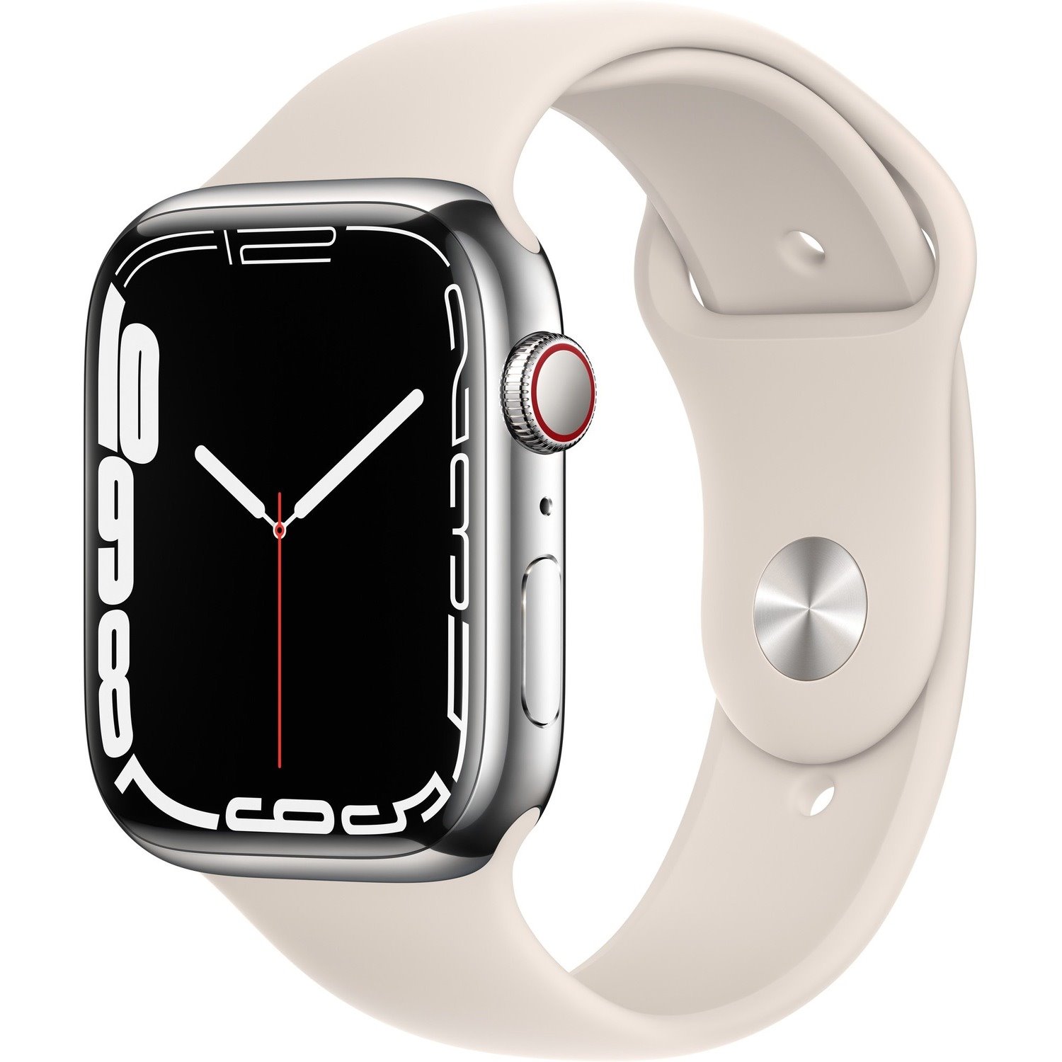 Apple Watch Series 7 Smart Watch - 41 mm Case Height - 35 mm Case Width - Silver Case Color - Starlight Band Color - Sapphire Crystal Body Material - Stainless Steel Case Material - Fluoroelastomer Band Material - Wireless LAN - LTE, UMTS