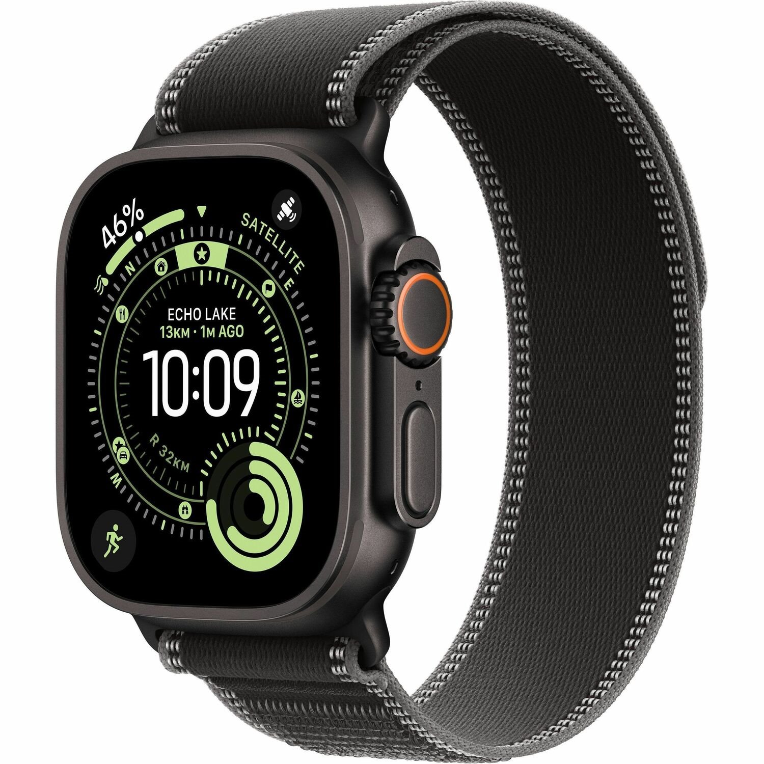 Apple Watch Ultra 3 - 49 MM - Black Titanium - Yes Smart Watch With Trail Loop - Nylon Weave - Black/Charcoal - Band Size: S/M - 64 GB - Lte, NFC, Wi-Fi 4, Uwb, Bluetooth - 5G - 61.8 G