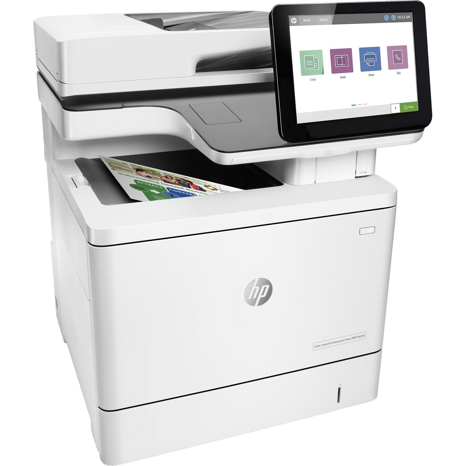 HP LaserJet M578c Laser Multifunction Printer-Color-Copier/Fax/Scanner-40 ppm Mono/Color Print-1200x1200 Print-Automatic Duplex Print-80000 Pages Monthly-650 sheets Input-Color Scanner-600 Optical Scan-Monochrome Fax-Gigabit Ethernet