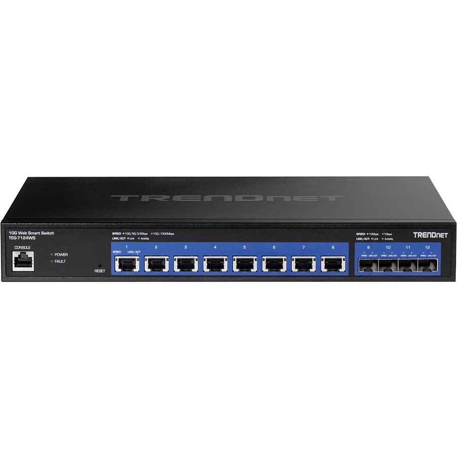 TRENDnet 12-Port 10G Web Smart Switch, 8 x 10G RJ-45 Ports, 4 x SFP+ Slots, VLAN, QoS, LACP, and IPv6 Support, Web Smart Management, Rack Mountable Housing, Lifetime Protection, Black, TEG-7124WS