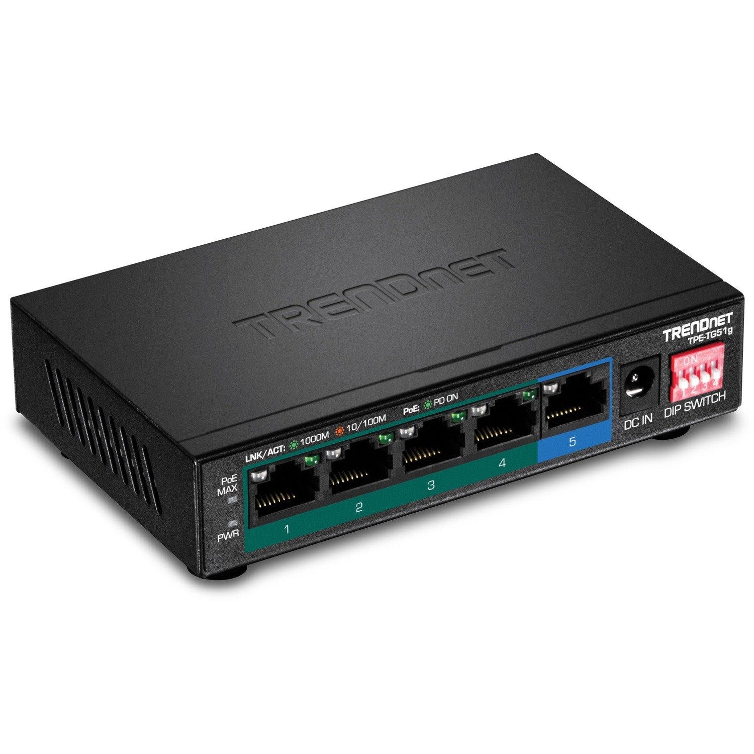 TRENDnet 5-Port Gigabit PoE+ Switch, Camera DIP Switch extends PoE+ 200m (656 ft.), 60W PoE Budget, Lifetime Protection, Black, TPE-TG51g