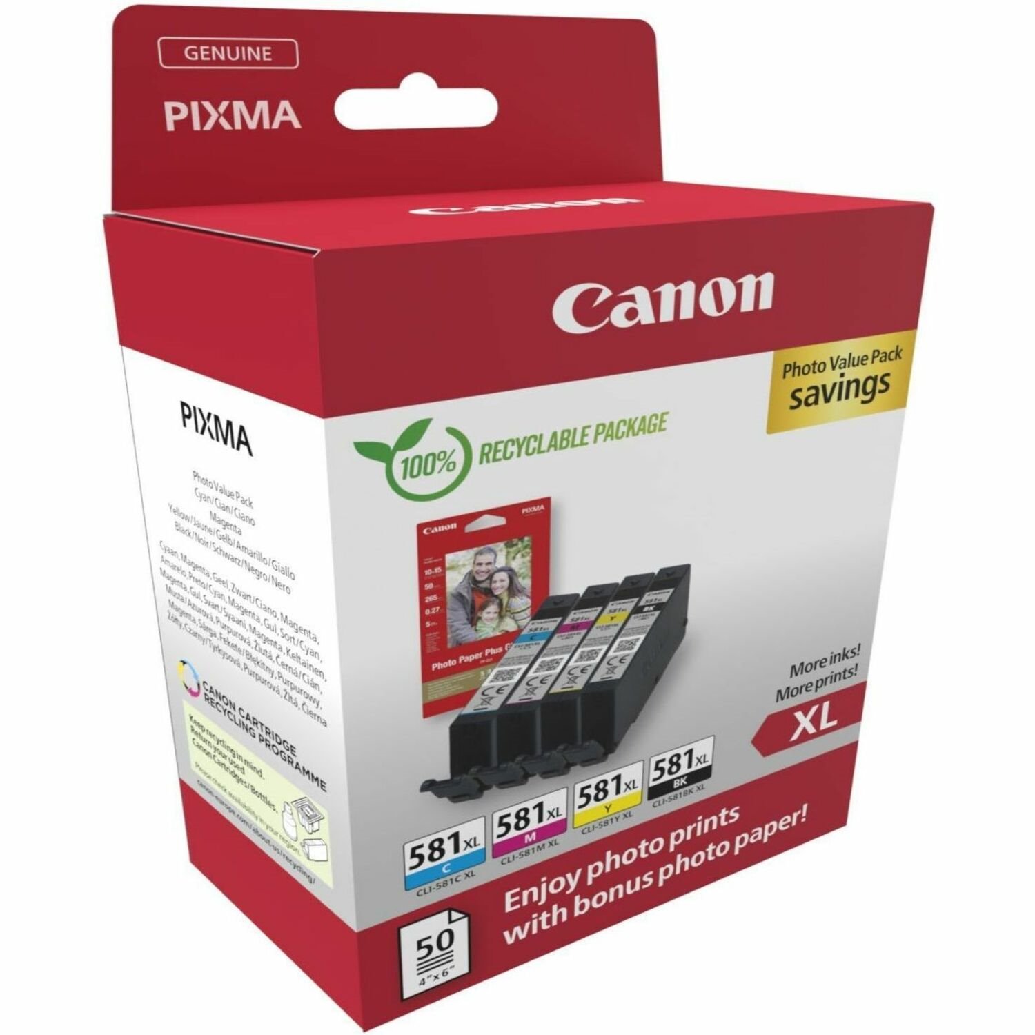 Canon CLI-581XL BK/C/M/Y Original High Yield Inkjet Ink Cartridge/Paper Kit - Value Pack - Black, CMY - 4 / Pack