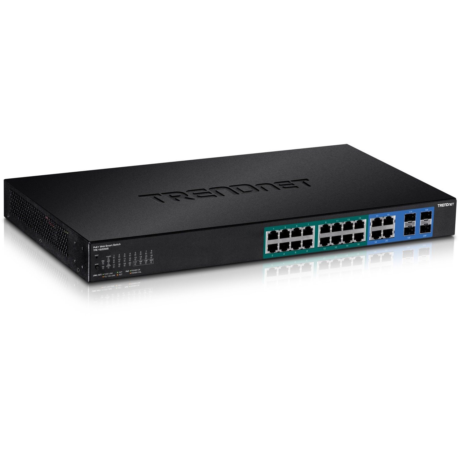 TRENDnet 20-Port Gigabit PoE+ Web Smart PoE+ Switch, 16 x Gigabit PoE+ Ports, 4 x Shared Gigabit Ports, Up To 30W Per Port, 185W Total Power Budget, Rack Mountable, Black, TPE-1620WS