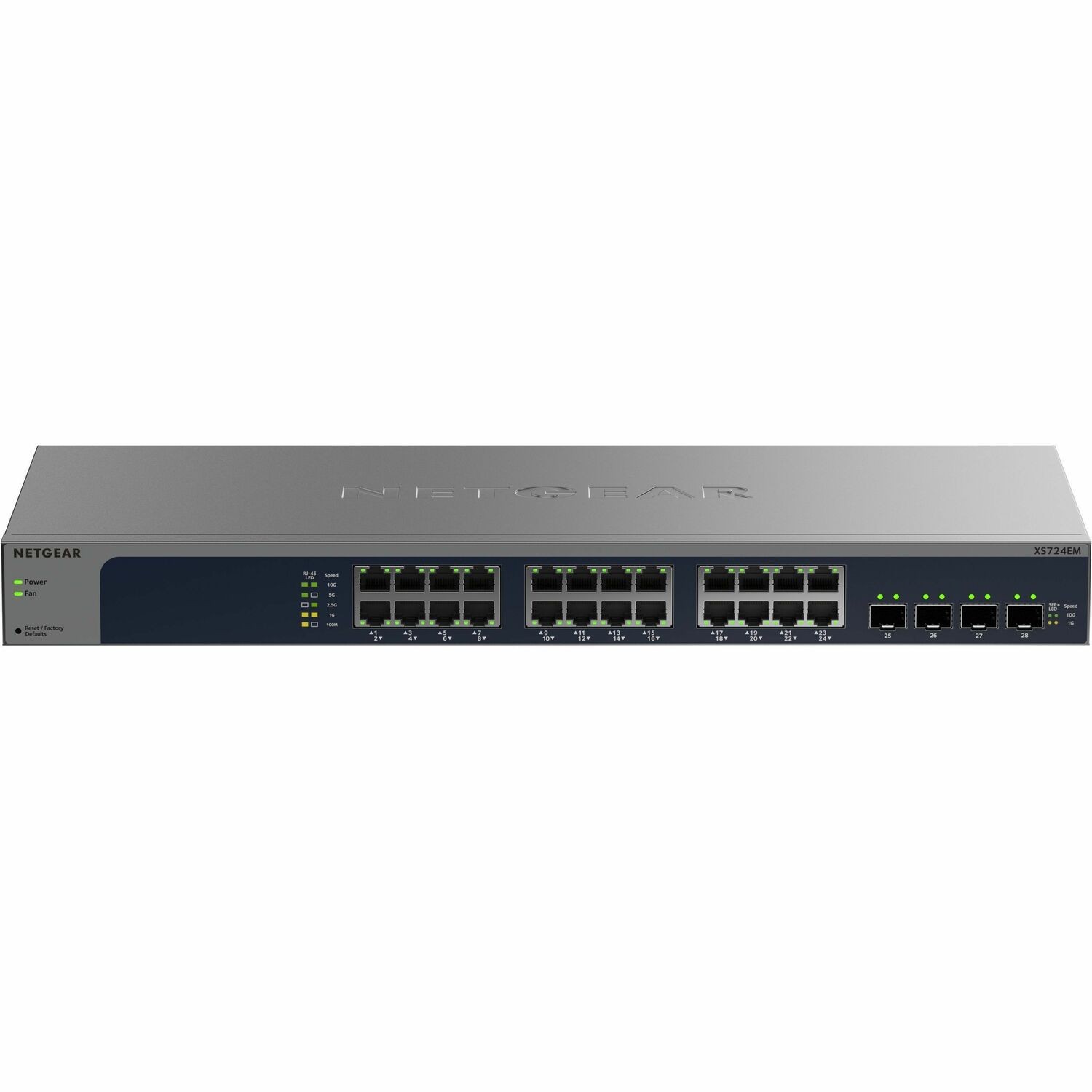 Netgear Business XS724EMv2 24 Poorten Beheer mogelijk Ethernetswitch - 10Gigabit Ethernet, Gigabit Ethernet, 2.5 Gigabit Ethernet, 5 gigabit ethernet - 10GBase-T, 10GBase-X, 2.5GBase-T, 5GBase-T, 100/1000Base-T