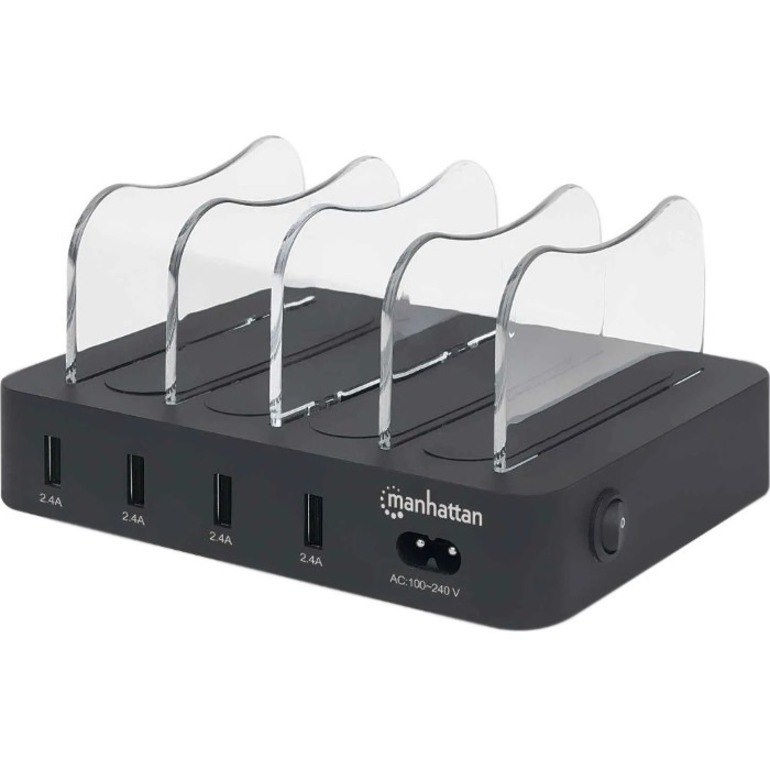 Manhattan Charging Station, 4x USB-A Ports, Outputs: 4x 2.4A, Smart IC, LED Indicator Lights, Black, Three Year Warranty, Box