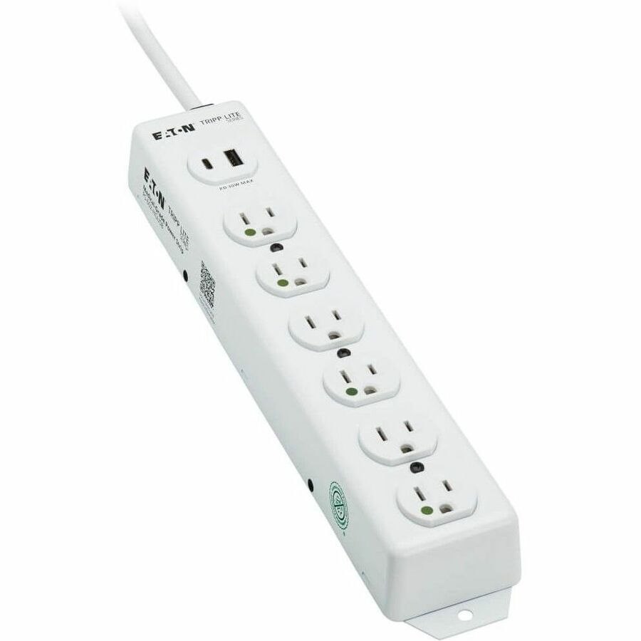 Eaton Tripp Lite Series Safe-IT UL 1363 Medical-Grade Power Strip, 6 Hospital-Grade Outlets, USB Charging, Safety Covers, Antimicrobial, 2 ft. Cord