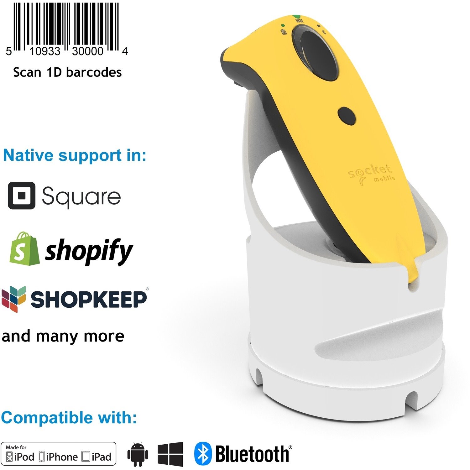 Socket Mobile SocketScan&reg; S700, Linear Barcode Scanner, Yellow & White Charging Dock