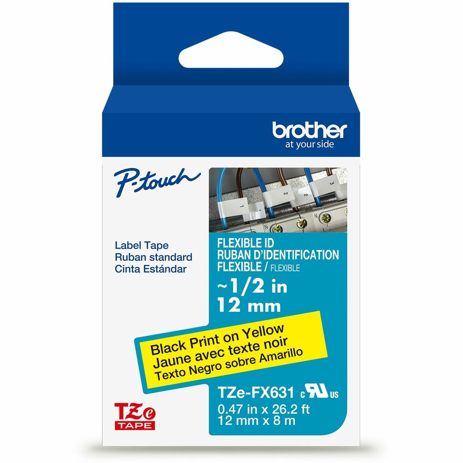 Brother Genuine P-touch TZeFX631 BK on YL Label Tape, Flexible ID Laminated, 12mmX8m