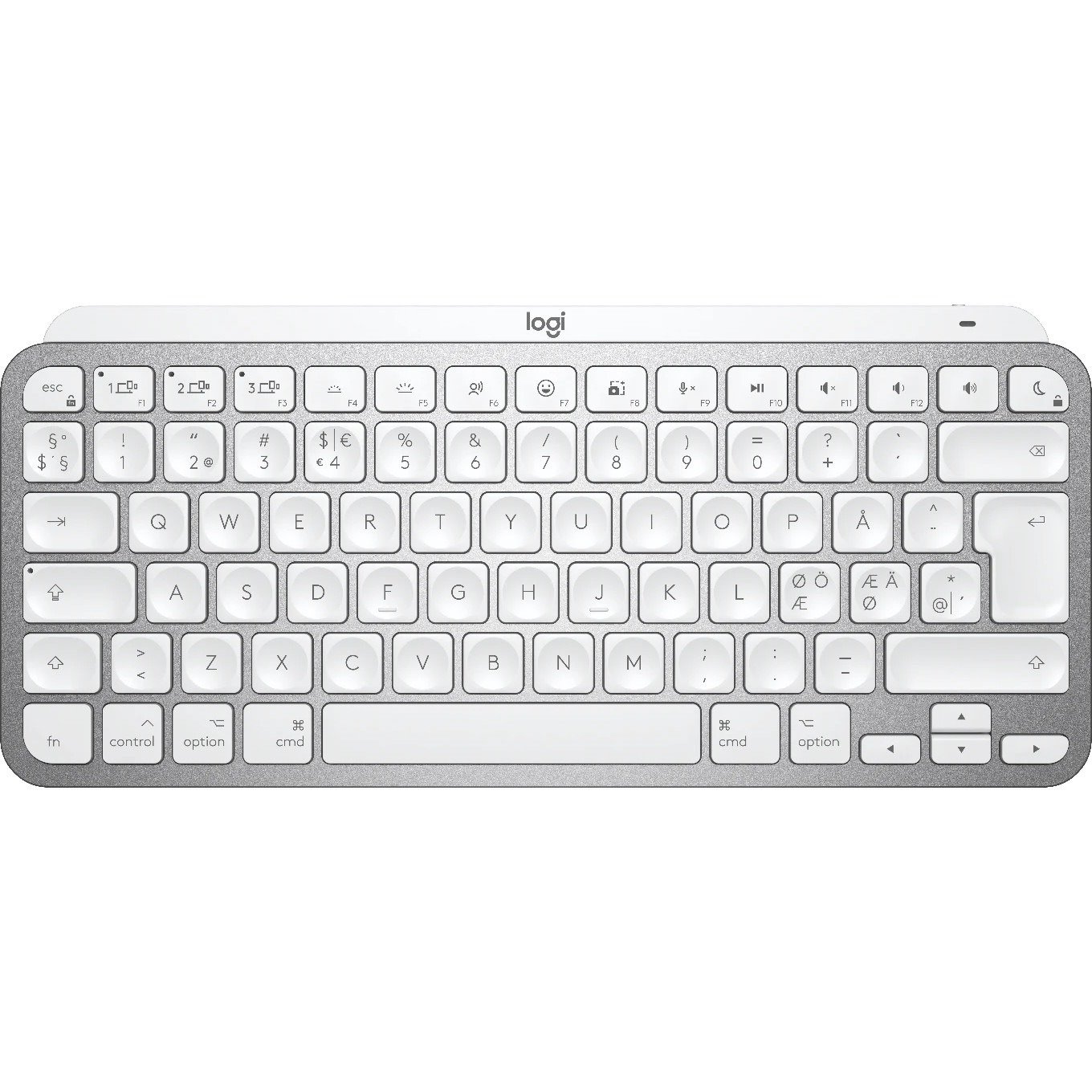 Logitech MX Keys Mini for Mac Keyboard - Wireless Connectivity - LED - Danish, Norwegian, Swedish, Finnish, Pan-Nordic - QWERTY Layout - Pale Gray