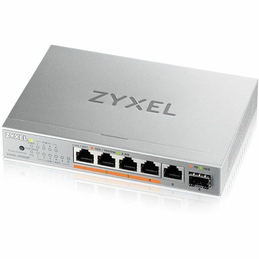 Zyxel 5-Port 2.5Gb MultiGig PoE Ethernet POE++ (60W) Switch | 5 x 100/1G/2.5G Ports + 1 x 10G SFP+ | 4 x PoE Ports | 70W Budget | Plug & Play | Desktop or Wall-Mount | Lifetime Warranty | XMG-105HP