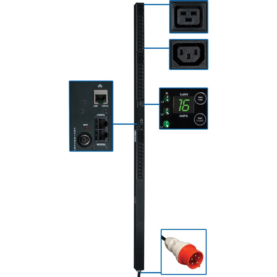 Tripp Lite by Eaton 11.1kW 3-Phase Monitored PDU, 230V Outlets (30 C13 & 6 C19), 400V IEC-309 16A Red Input, 3m Cord, 0U 1778mm Vertical