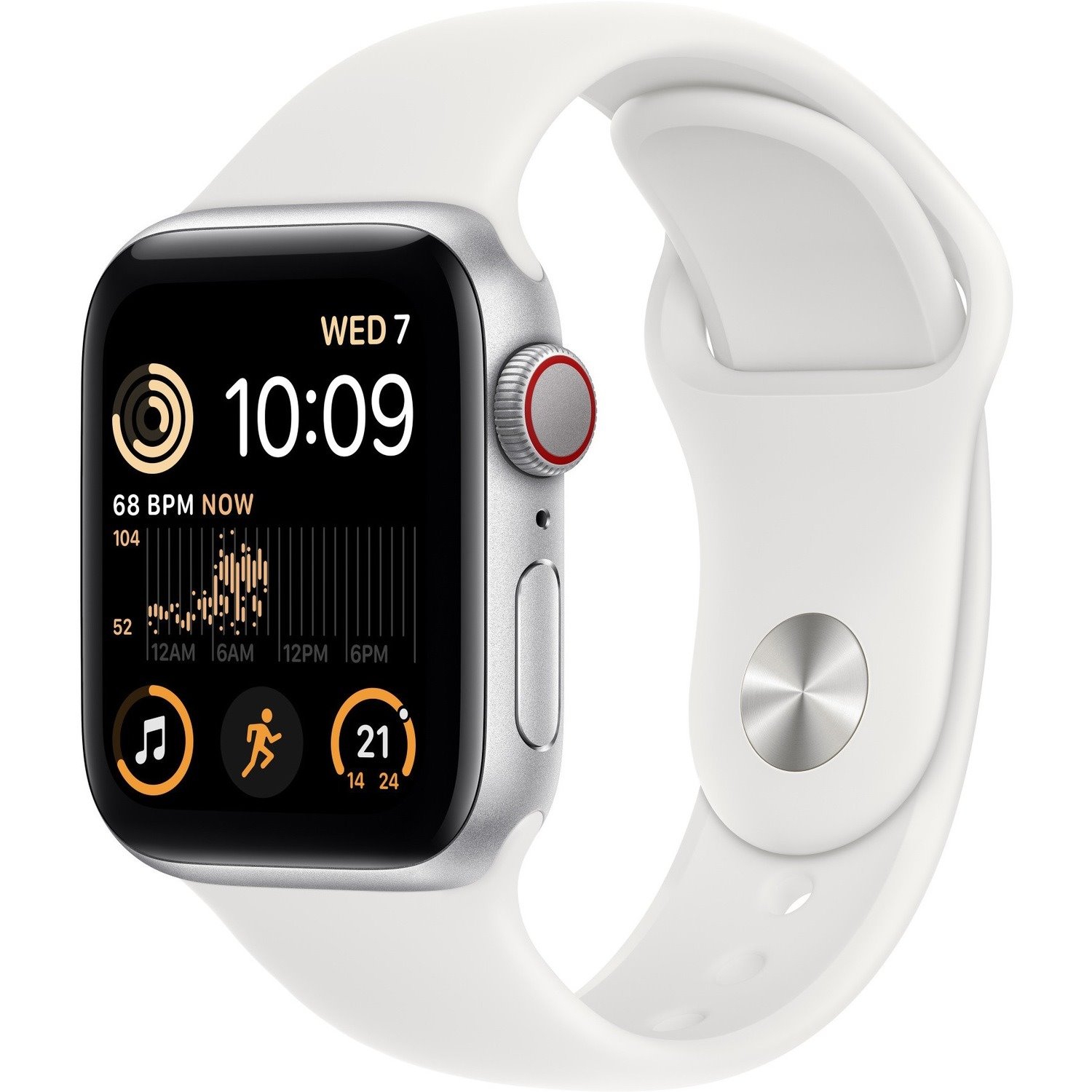 Apple Watch SE Smart Watch - 44 mm Case Height - 38 mm Case Width - Silver Case Color - White Band Color - Aluminium Case Material - Fluoroelastomer Band Material - Wireless LAN - LTE, UMTS